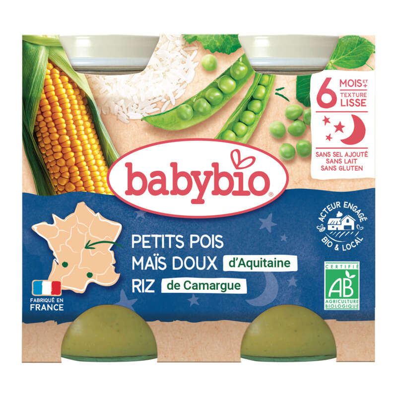 Babybio Petits pots maïs riz, petits pois, dès 6 mois, bio 2x200g Babybio Petits pots maïs riz, petits pois, dès 6 mois, bio 2x200g