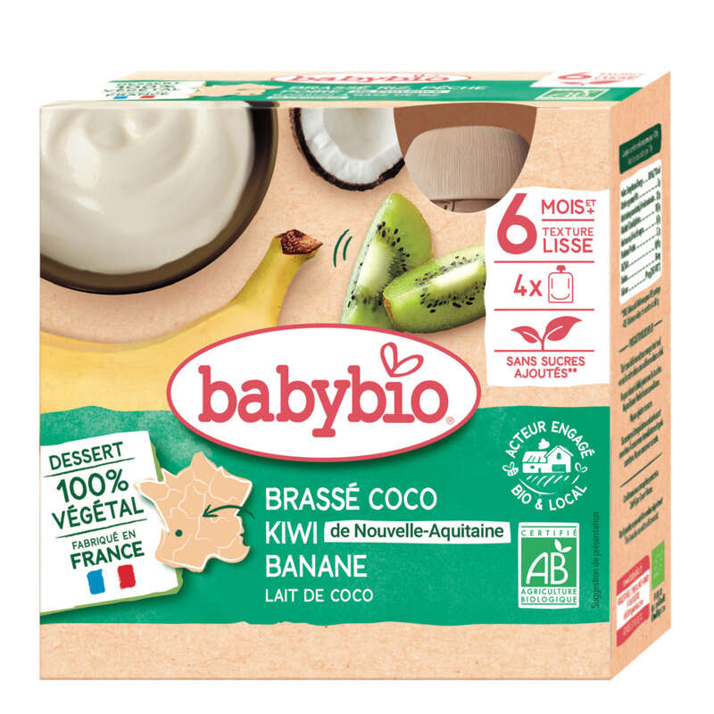 Babybio Dessert Brassé Bio Coco Kiwi d'Aquitaine & Banane Dès 6 mois 4x85g Babybio Dessert Brassé Bio Coco Kiwi d'Aquitaine & Banane Dès 6 mois 4x85g