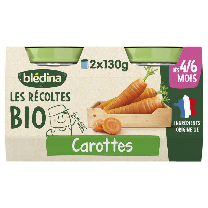 Blédina Petits Pots Bio Carottes de nos Régions Dés 4/6 Mois 2x130g Blédina Petits Pots Bio Carottes de nos Régions Dés 4/6 Mois 2x130g