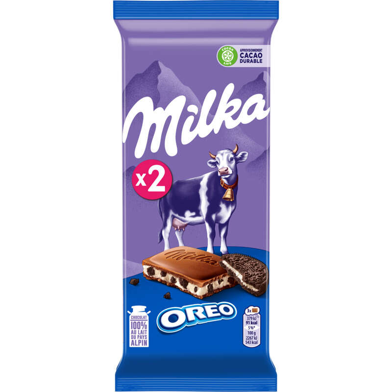 Milka Tablette Chocolat Au Lait Éclats D'Oreo 2x100g Milka Tablette Chocolat Au Lait Éclats D'Oreo 2x100g