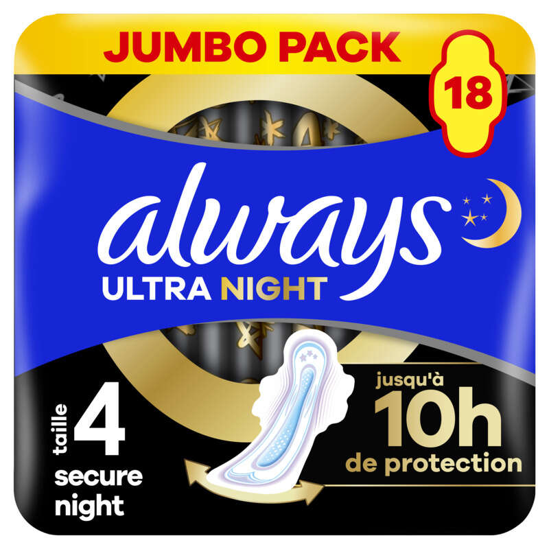 Always Ultra Serviettes secure night taille 4 ailettes x18 Always Ultra Serviettes secure night taille 4 ailettes x18