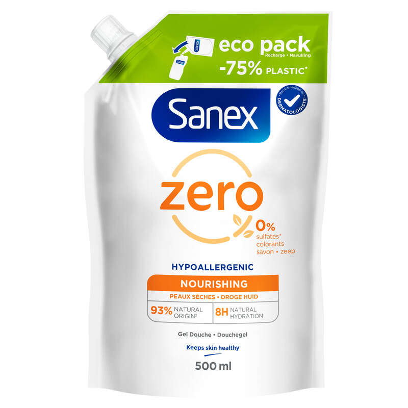 Sanex Recharge Gel Douche Nourrissant Zero% Essential Peaux Sèches 500ml