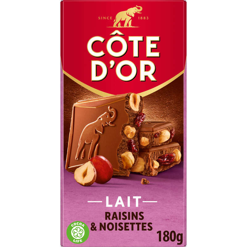 Côte D'Or Tablette Chocolat Au Lait Raisins Et Noisettes Entières 180g Côte D'Or Tablette Chocolat Au Lait Raisins Et Noisettes Entières 180g