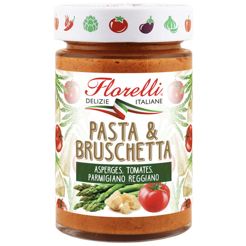 Florelli Pasta & Brushetta Asperges Tomates et Parmigiano Reggianno 190g Florelli Pasta & Brushetta Asperges Tomates et Parmigiano Reggianno 190g