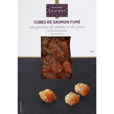 Monoprix Gourmet Cubes de Saumon Fumé aux graines de sésame 90g Monoprix Gourmet Cubes de Saumon Fumé aux graines de sésame 90g