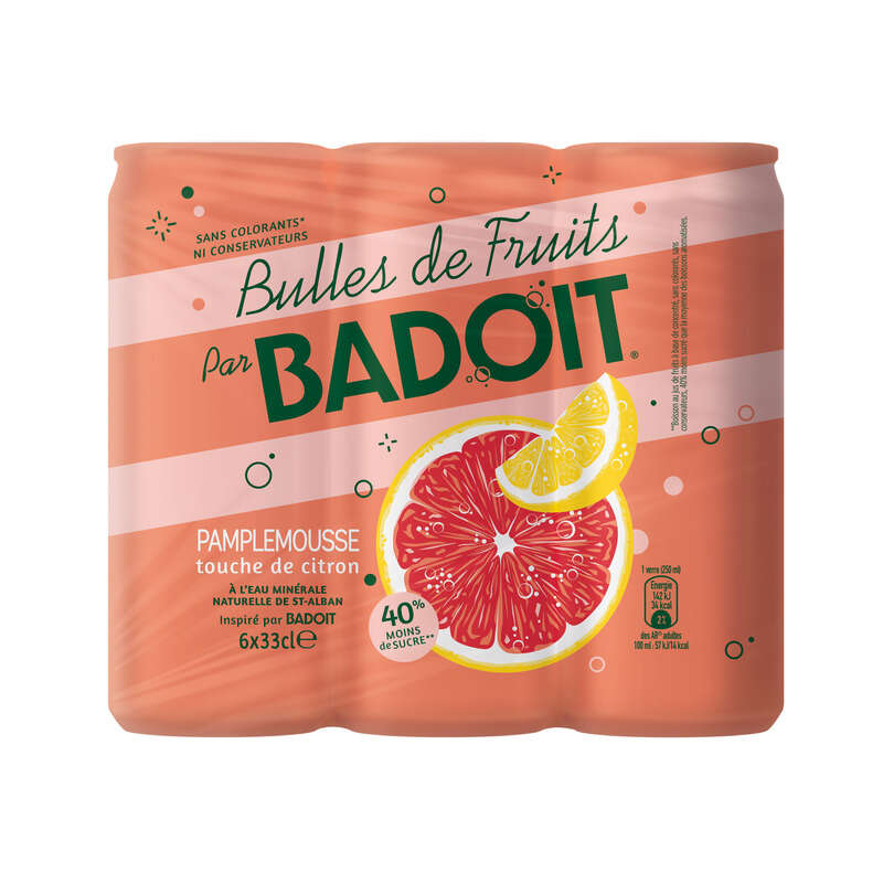 Badoit Bulles de Fruits Pamplemousse touche de citron 6x33cl Badoit Bulles de Fruits Pamplemousse touche de citron 6x33cl