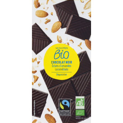 Monoprix Bio Chocolat noir dégustation, éclats d'amandes caramélisées 100g Monoprix Bio Chocolat noir dégustation, éclats d'amandes caramélisées 100g