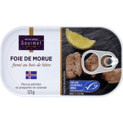 Monoprix Gourmet Foie de Morue Fumé au Bois de Hêtre 121g Monoprix Gourmet Foie de Morue Fumé au Bois de Hêtre 121g