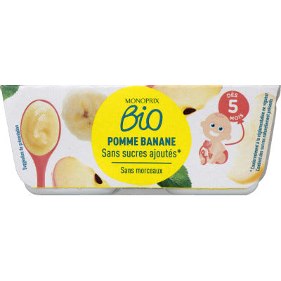 Monoprix Bio Compote Pomme banane sans sucres ajoutés Dès 5 mois 4x100g Monoprix Bio Compote pomme banane sans sucres ajoutés Dès 5 mois 4x100g