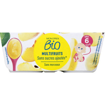 Monoprix Bio Compote multifruits sans sucres ajoutés Dès 6 mois 4x100g Monoprix Bio Compote multifruits sans sucres ajoutés Dès 6 mois 4x100g