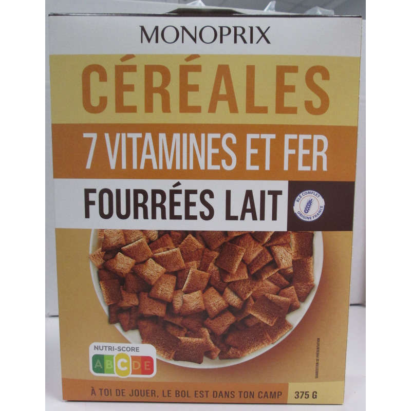 Monoprix Céréales 7 Vitamines Et Fer, Fourrées Lait Monoprix Céréales 7 Vitamines Et Fer, Fourrées Lait
