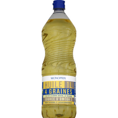Monoprix Huile 4 graines, pour cuisson, friture et assaisonnement 1L Monoprix Huile 4 graines, pour cuisson, friture et assaisonnement 1L
