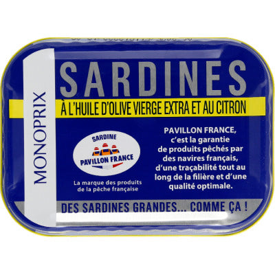 Monoprix Sardines à l'Huile d'Olive Vierge Extra et Au Citron 87g Monoprix Sardines à l'Huile d'Olive Vierge Extra et Au Citron 87g