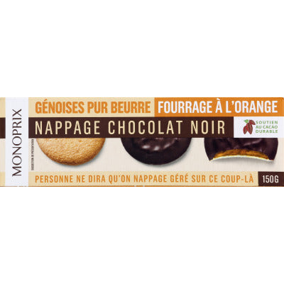 Monoprix Génoises Fourrage à l'Orange Nappage Chocolat Noir 150g Monoprix Génoises Fourrage à l'Orange Nappage Chocolat Noir 150g