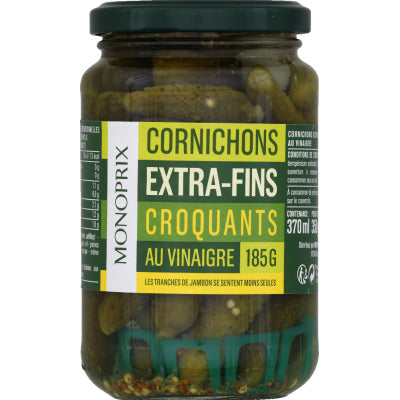 Monoprix Cornichons extra-fins croquants au vinaigre 185g Monoprix Cornichons extra-fins croquants au vinaigre 185g