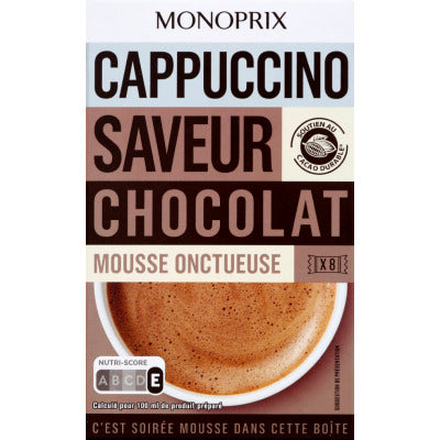 Monoprix Café Soluble, Cappuccino Saveur Chocolat x8 144g Monoprix Café Soluble, Cappuccino Saveur Chocolat x8 144g
