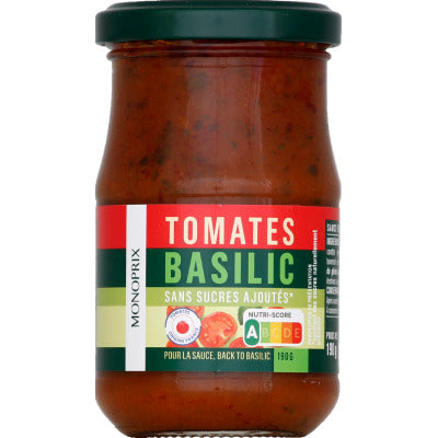 Monoprix Sauce tomate basilic sans sucres ajoutés 190g Monoprix Sauce tomate basilic sans sucres ajoutés 190g