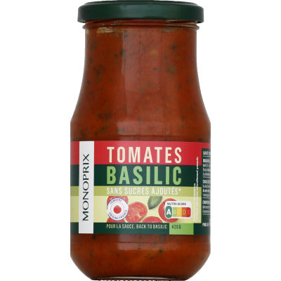Monoprix Sauce tomate basilic sans sucres ajoutés 420g Monoprix Sauce tomate basilic sans sucres ajoutés 420g