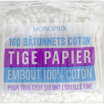 Monoprix Bâtonnets Coton Tige Papier Embout 100% Coton x160 Monoprix Bâtonnets Coton Tige Papier Embout 100% Coton x160