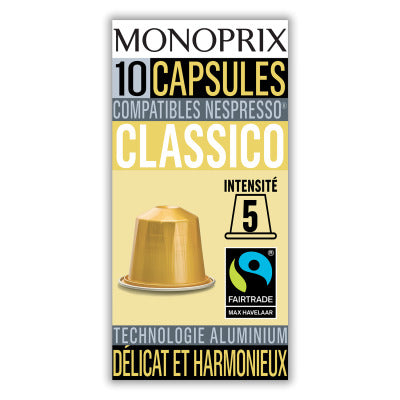 Monoprix Capsules de café Classico, délicat & harmonieux 10 capsules 50g Monoprix Capsules de café Classico, délicat & harmonieux 10 capsules 50g