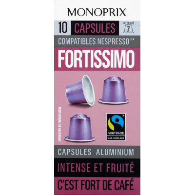 Monoprix Capsules de café Fortissimo, intense & fruité 10 capsules 50g Monoprix Capsules de café Fortissimo, intense & fruité 10 capsules 50g