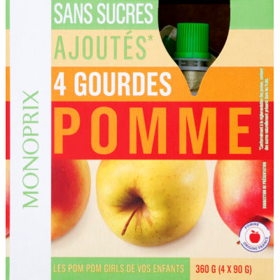 Monoprix Compote de Pomme en gourde sans sucres ajoutés 4x90g Monoprix Gourdes de compotes de pomme sans sucres ajoutés* 4x90g