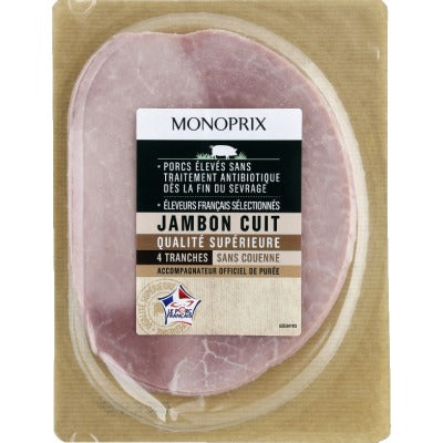 Monoprix Jambon Cuit 4 Tranches Sans Couenne 160g Monoprix Jambon Cuit 4 Tranches Sans Couenne 160g
