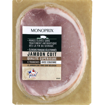 Monoprix Jambon Cuit 4 Tranches Avec Couenne 160g Monoprix Jambon Cuit 4 Tranches Avec Couenne 160g