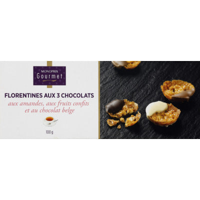 Monoprix Gourmet Florentines aux 3 chocolats aux amandes 100g Monoprix Gourmet Florentines aux 3 chocolats aux amandes 100g