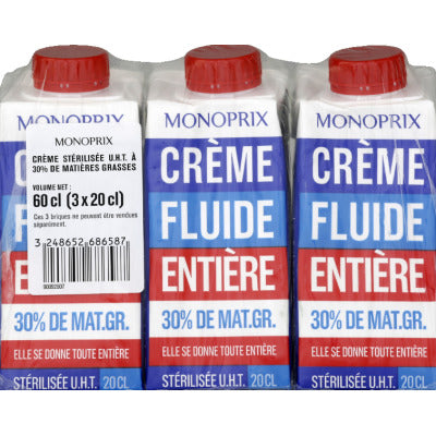 Monoprix Crème fluide entière 30% MG 3x20cl Monoprix Crème fluide entière 30% MG 3x20cl
