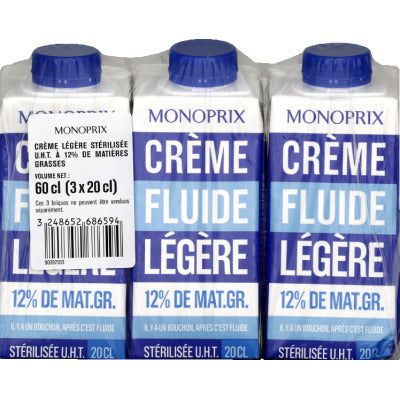 Monoprix Crème Fluide Légère Stérilisée 3x20cl Monoprix Crème Fluide Légère Stérilisée 3x20cl
