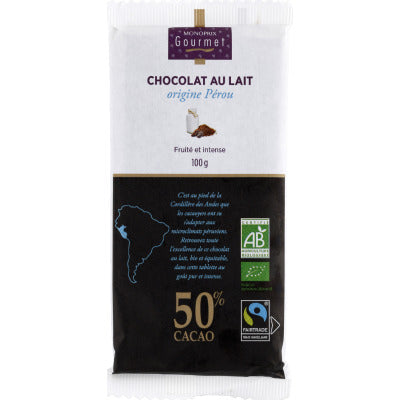 Monoprix Gourmet Chocolat Au Lait Origine Pérou, 50% De Cacao Bio 100g Monoprix Gourmet Chocolat Au Lait Origine Pérou, 50% De Cacao Bio 100g