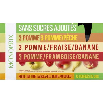 Monoprix Gourdes Compote sans sucres ajoutés, 4 variétés 12x90g Monoprix gourdes compotes sans sucres ajoutés, 4 variétés 12x90g