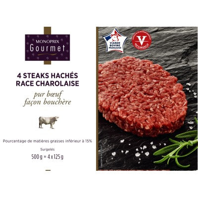 Monoprix Gourmet Steaks Hachés Race Charolaise x4 500g Monoprix Gourmet Steaks Hachés Race Charolaise x4 500g
