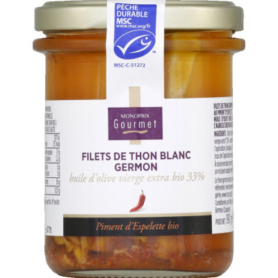 Monoprix Gourmet Filets de Thon Blanc Germon Au Piment D'Espelette 125g Monoprix Gourmet Filets de Thon Blanc Germon Au Piment D'Espelette 125g