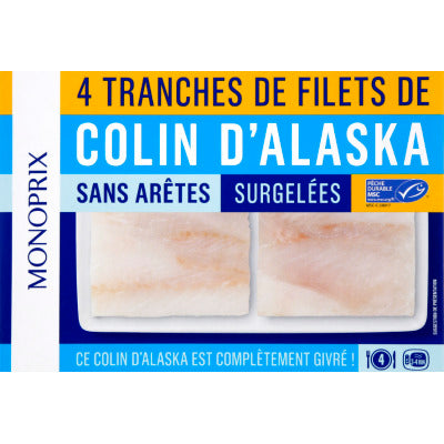 Monoprix 4 Tranches de filets de Colin d'Alaska MSC 400g Monoprix 4 Tranches de filets de Colin d'Alaska MSC 400g