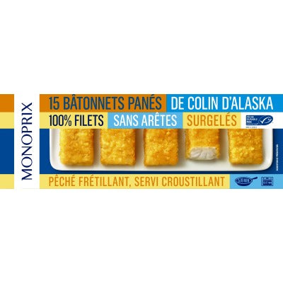 Monoprix 15 Bâtonnets panés de colin d'Alaska MSC 450g Monoprix 15 Bâtonnets panés de colin d'Alaska MSC 450g