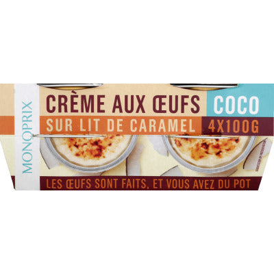 Monoprix Crème aux Œufs Coco sur Lit de Caramel 4x100g Monoprix Crème aux Oeufs Coco sur Lit de Caramel 4x100g