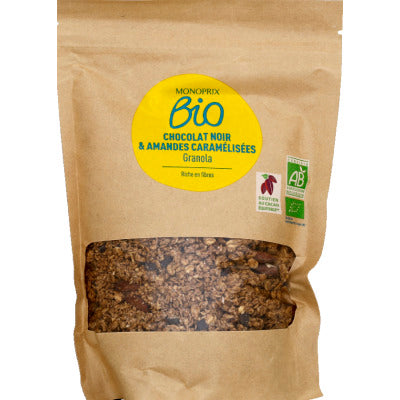 Monoprix Bio Granola Chocolat Noir et Amandes Caramélisées 350g Monoprix Bio Granola Chocolat Noir et Amandes Caramélisées 350g