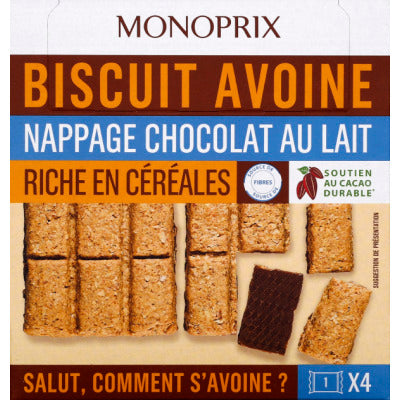 Monoprix Biscuits Avoine Nappage Chocolat Au Lait X4 136G Monoprix Biscuits Avoine Nappage Chocolat Au Lait X4 136G