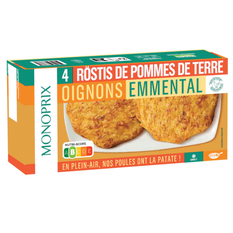 Monoprix 4 Röstis de Pommes de Terre Oignons Emmental 400g Monoprix 4 Röstis de Pommes de Terre Oignons Emmental 400g
