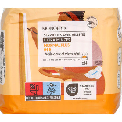 Monoprix Serviettes ultra-minces Normal Plus x14 Monoprix Serviettes ultra-minces Normal Plus x14