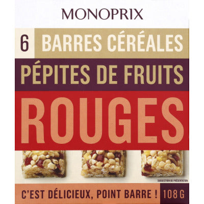Monoprix Barres céréales pépites de fruits rouges 108g Monoprix Barres céréales pépites de fruits rouges 108g