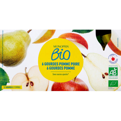 Monoprix Bio Gourdes Pommes et pommes / poires 12/90g Monoprix Bio Gourdes Pommes et pommes / poires 12/90g
