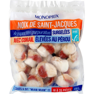 Monoprix Noix de Saint-Jacques, avec corail, origine Pérou 400g Monoprix Noix de Saint-Jacques, avec corail, origine Pérou 400g