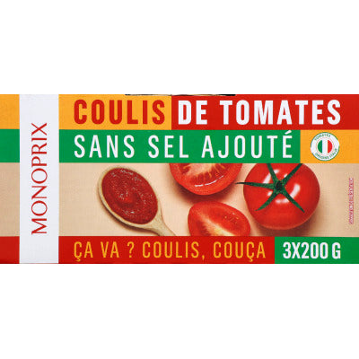 Monoprix Coulis de tomate sans sucre ajouté 3x200g Monoprix coulis de tomate sans sucre ajouté 3x200g