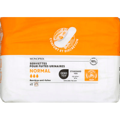 Monoprix Serviettes Pour Fuites Urinaires Normal x12 Monoprix Serviettes Pour Fuites Urinaires Normal x12