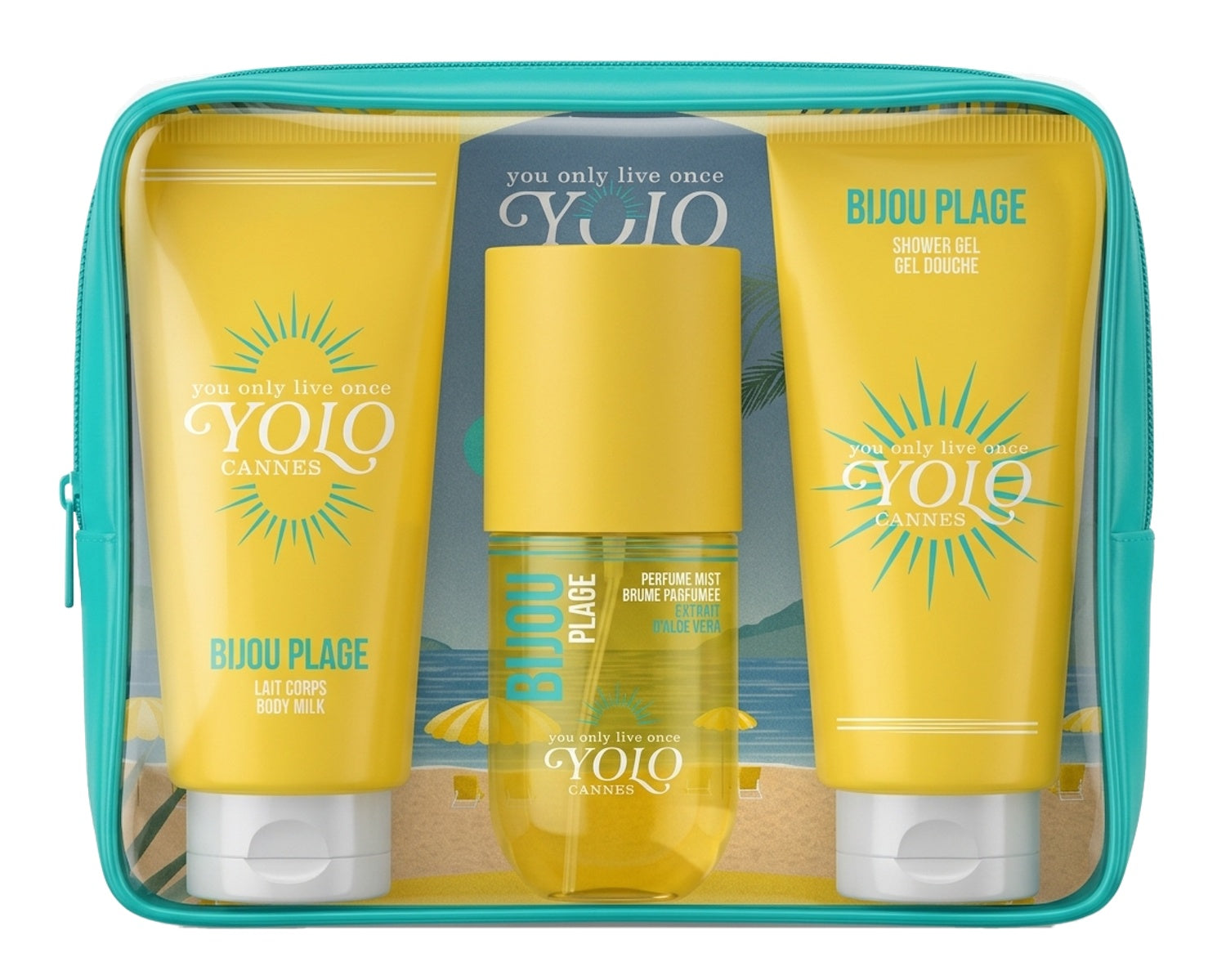 Yolo Cannes Trousse Bijou de Plage avec Gel douche 100ml + Lait corps 100ml+ Brume 90ml Yolo Cannes Trousse Bijou de Plage avec Gel douche 100ml + Lait corps 100ml+ Brume 90ml