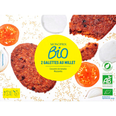 Monoprix Bio 2 Galettes de millet tomates mozzarella 200g Monoprix Bio 2 galettes de millet tomates mozzarella 200g