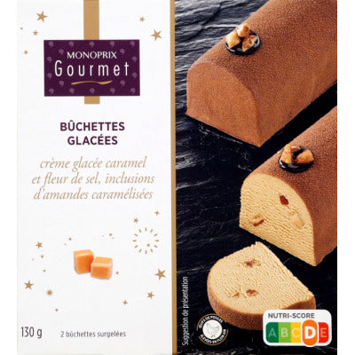 Monoprix Gourmet bûchettes glacées caramel fleur de sel et amandes 2x65g Monoprix Gourmet bûchettes glacées caramel fleur de sel et amandes 2x65g
